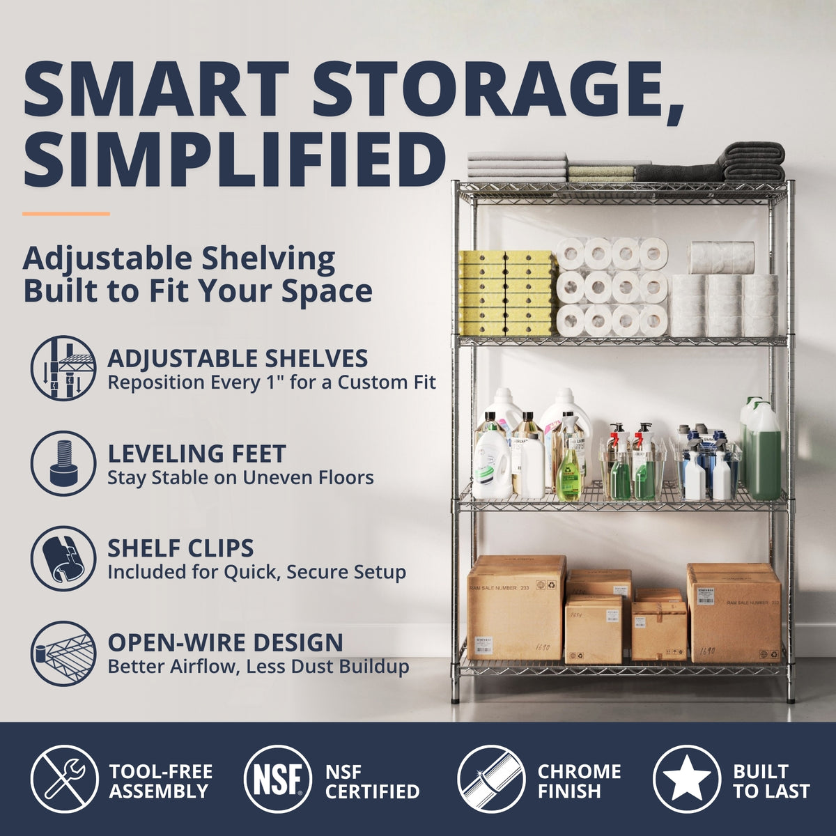 14"d x 24"w Chrome Wire Shelving w/ 4 Shelves