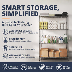 14"d x 24"w Chrome Wire Shelving w/ 4 Shelves
