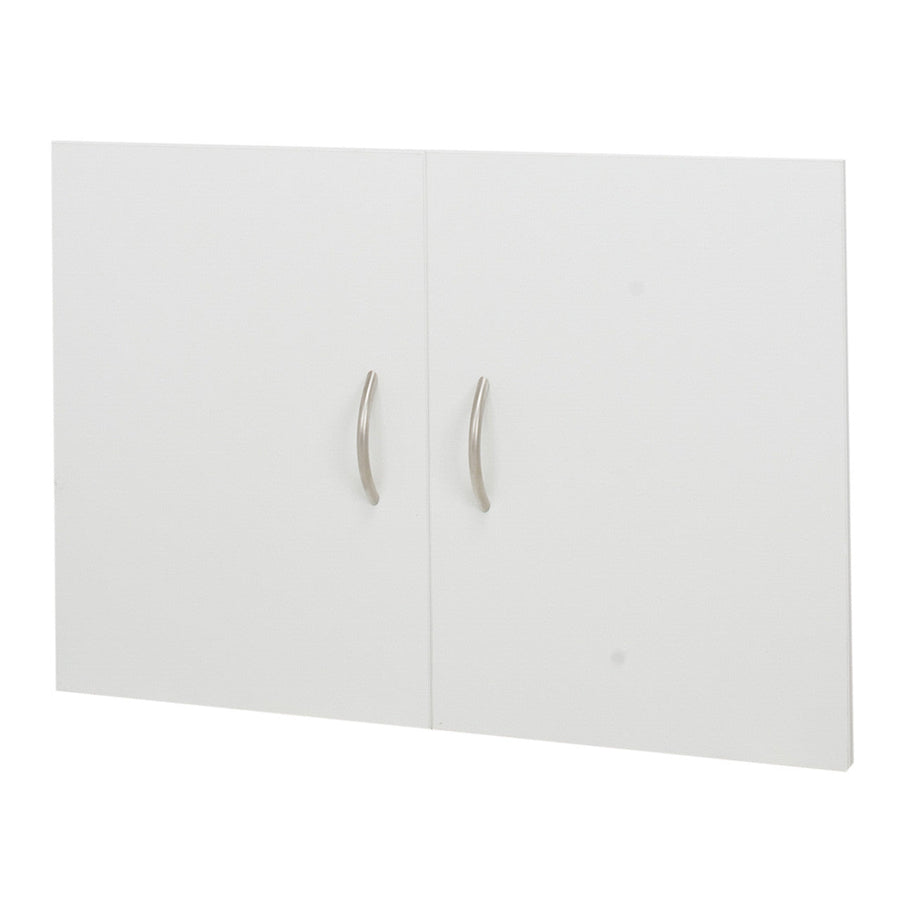 White cabinet with two silver handles on a white background