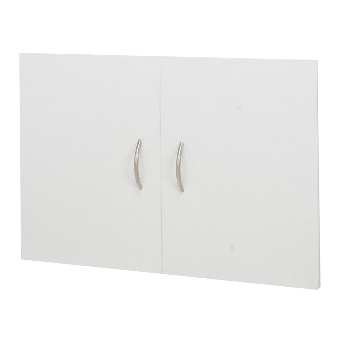White cabinet with two silver handles on a white background