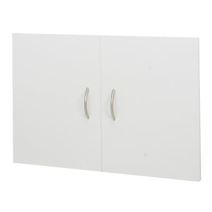 White cabinet with two silver handles on a white background